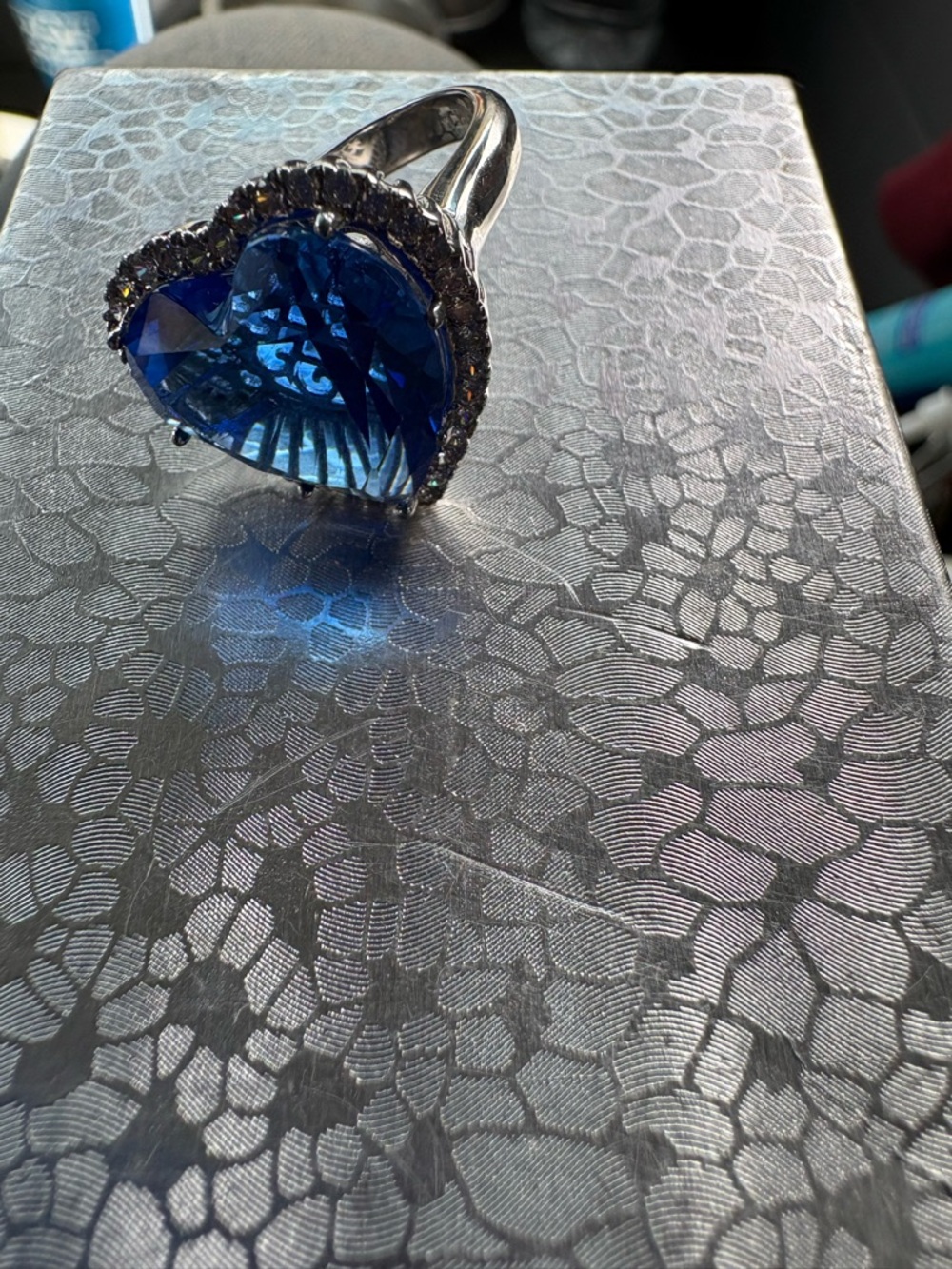 Silver Ring with Heart-Shaped Blue Crystal and Clear Halo